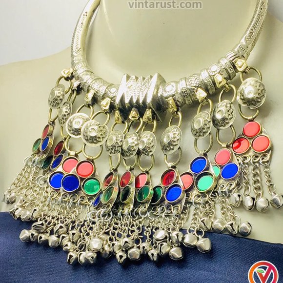 Tribal Silver Torque Choker Necklace With Multicolor Glass Stones - Picture 5 of 7